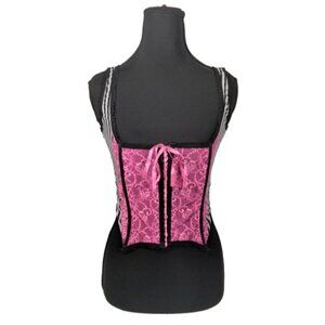 Vtg Y2K Mesh Bustier Corset Top L Striped Pink Black Emo Mall Goth Scene Punk